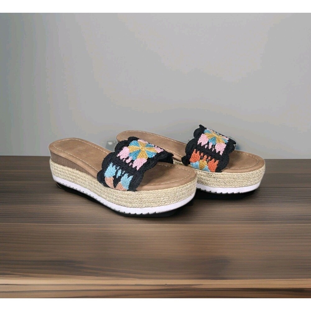Forever Link Crochet Espadrille Platform Slide Sandals Women's 8.5 Granny Square